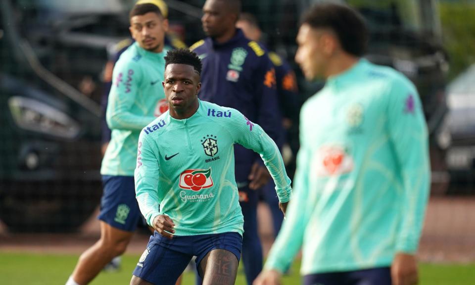 <span>Vinícius Júnior (left), at Brazil training in London, has scored only three goals in 26 internationals.</span><span>Photograph: Adam Davy/PA</span>