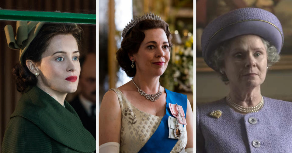 Claire Foy, Olivia Colman, and Imelda Staunton as Queen Elizabeth II