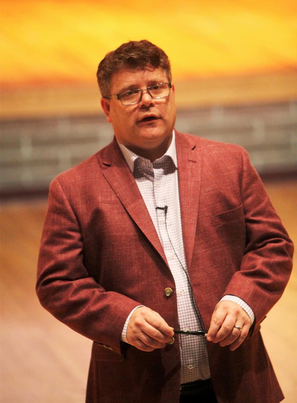 Sean Astin delivers a keynote speech during Missouri State University's Impact Summit Wednesday, May 1, 2019.