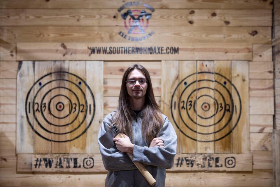 Wyatt Dawson, 27 and an employee at Southern Ohio Axe Throwing, in Portsmouth, practices throwing his axe at the target at the Southern Ohio Axe Throwing on Nov. 15, 2022 in Chillicothe, Ohio. Dawson will be competing in the World Axe Throwing Championship, the Hatchet Division, in Appleton, Wisconsin on December 2nd and 3rd, 2022. He will be competing against 256 of the worlds best axe throwers. The competition will air on the ESPN sports channel.