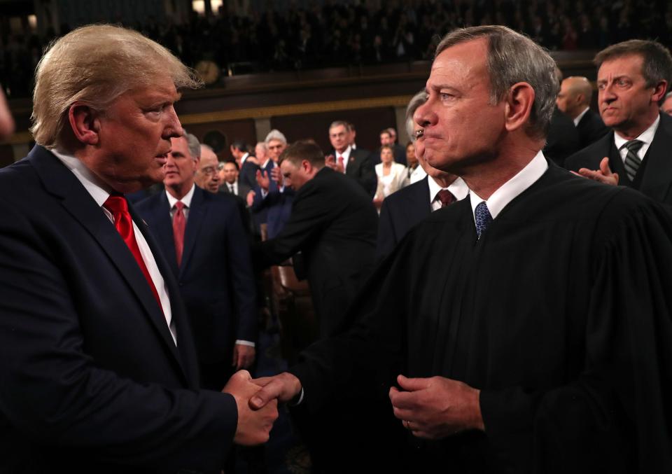 Chief Justice John Roberts greeting President Donald Trump at this year's State of the Union address.