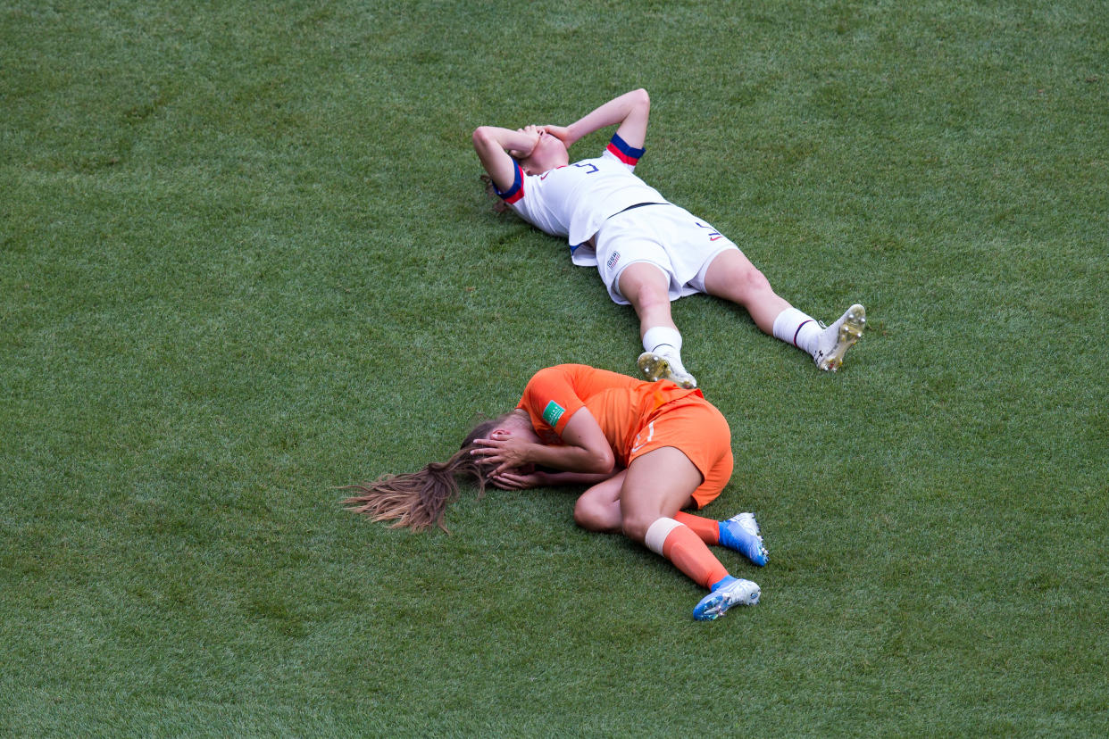 The scary collision between Kelley O'Hara (5) and the Netherlands' Lieke Martens in the Women's World Cup final was a high-profile head injury incident. The NWSL and American soccer are trying to address the problem. (Getty)