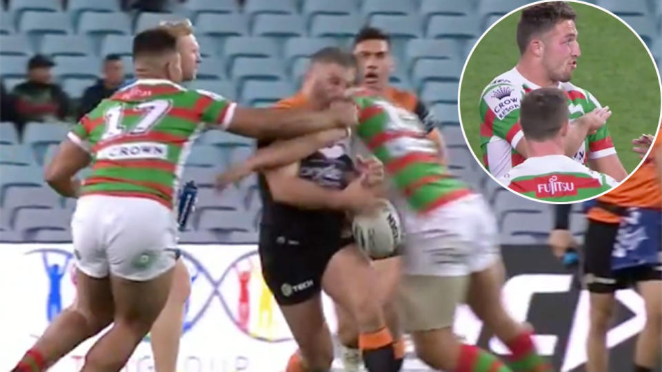 Burgess was placed on report for this hit on former teammate Farah. Pic: Fox Sports