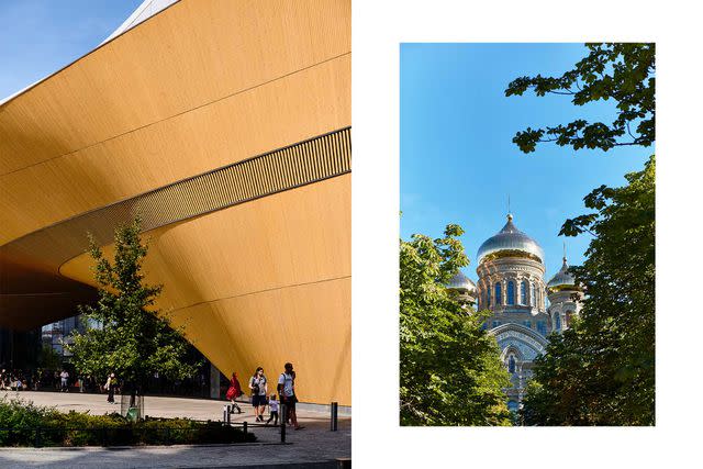 <p>Yuki Sugiura</p> From left: Helsinki’s spruce-clad Oodi Library; the gilded domes of St. Nicholas Naval Cathedral, in Liepaja , Latvia.