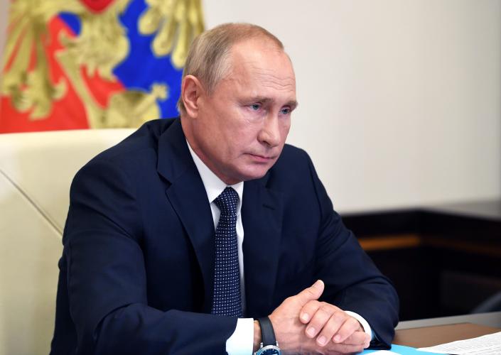 Russian President Vladimir Putin chairs a meeting with members of the government via a teleconference call at the Novo-Ogaryovo state residence outside Moscow on August 11, 2020. (Alexey Nikolsky/Sputnik/AFP via Getty Images)