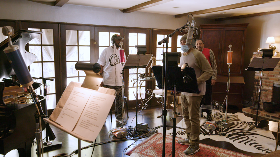 The Temptations' Otis Williams (left) and Ron Tyson (rear) with Smokey Robinson during the recording of "Is It Going to Be Yes or No," a track on the forthcoming "Temptations 60" album.