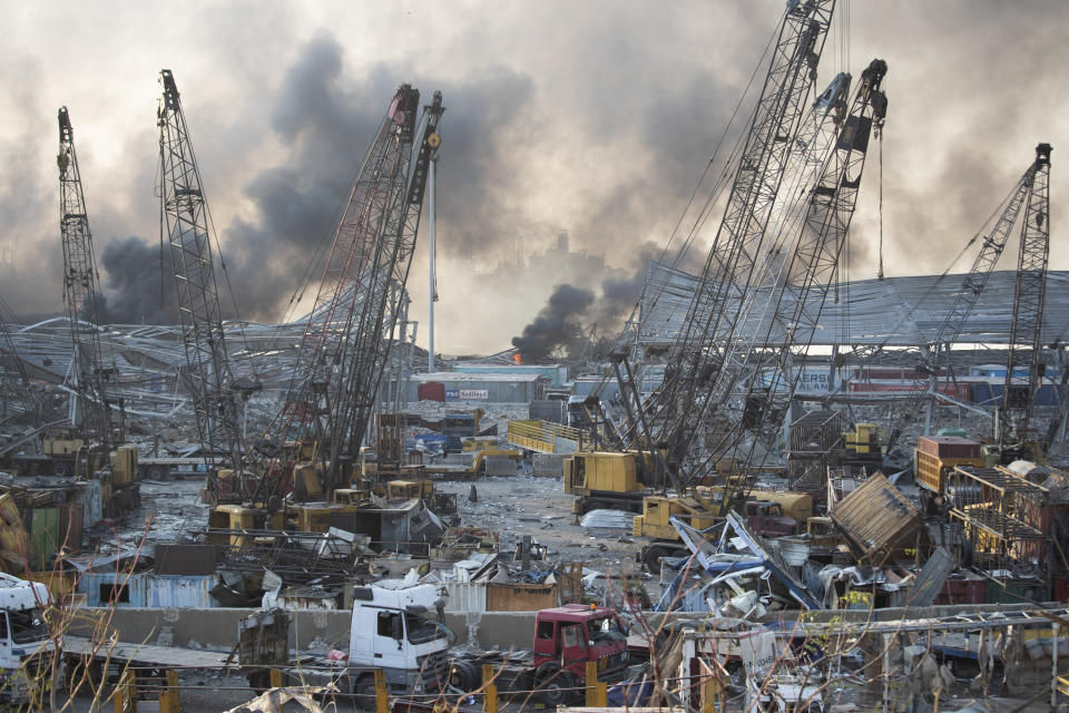 FILE - Aftermath of a massive explosion is seen in in Beirut, Lebanon, Tuesday, Aug. 4, 2020. Lebanon’s top prosecutor Wednesday, Jan. 25, 2023, ordered all suspects detained in the deadly 2020 port blast in Beirut released, a lawyer for two detainees and judicial officials said. (AP Photo/Hassan Ammar, file)