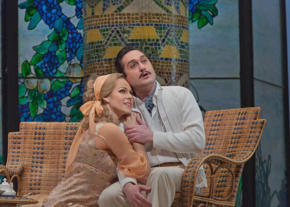 This January the Latvian soprano Kristing Opolais made her Met debut in Puccini’s ‘La Rondine.’  This January 8, 2013 photo provided by the Metropolitan Opera shows Kristine Opolais as Magda and Giuseppe Filianoti as Ruggero in a dress rehearsal of Puccini's "La Rondine" at he Metropolitan Opera in New York. (AP Photo/Metropolitan Opera, Ken Howard)