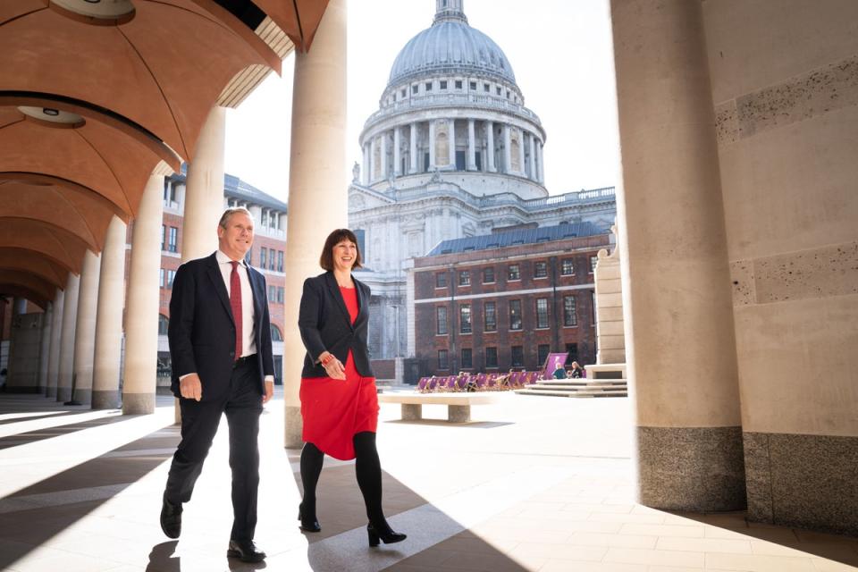 Keir Starmer and shadow chancellor Rachel Reeves at the London Stock Exchange on Friday (PA)