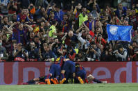 Football - FC Barcelona v Bayern Munich - UEFA Champions League Semi Final First Leg - The Nou Camp, Barcelona, Spain - 6/5/15 Barcelona's Lionel Messi celebrates scoring their second goal with team mates Reuters / Albert Gea