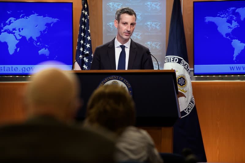 U.S. State Department spokesman Ned Price speaks at his first daily press briefing at the State Department in Washington