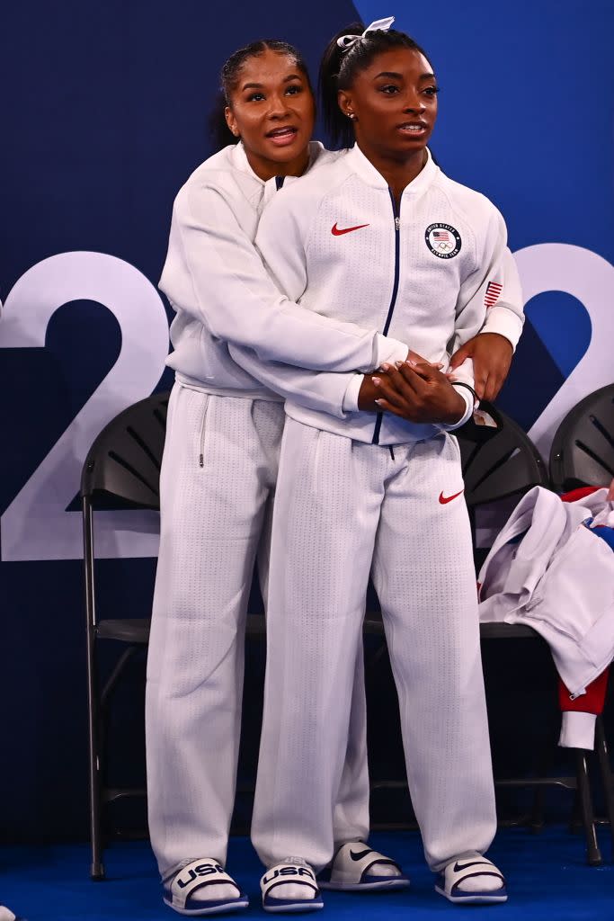 Team USA's Jordan Chiles and Simone Biles during the artistic gymnastics women's team final during the Tokyo 2020 Olympic Games at the Ariake Gymnastics Centre in Tokyo on July 27, 2021.<span class="copyright">Loic Venance—AFP via Getty Images</span>