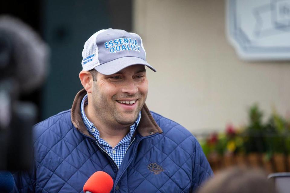 Trainer Brad H. Cox speaks with reporters after morning workouts for Kentucky Derby horses at Churchill Downs in Louisville, Ky., Saturday, April 29, 2023. Cox has four horses in the Derby this year; Angel of Empire, Hit Show, Verifying and Jace’s Road.