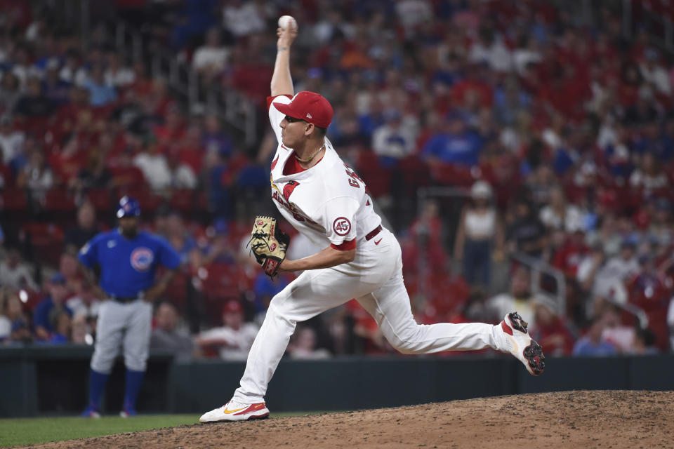 St. Louis Cardinals relief pitcher Giovanny Gallegos throws during the ninth inning of the team's baseball game against the Chicago Cubs on Wednesday, July 21, 2021, in St. Louis. (AP Photo/Joe Puetz)