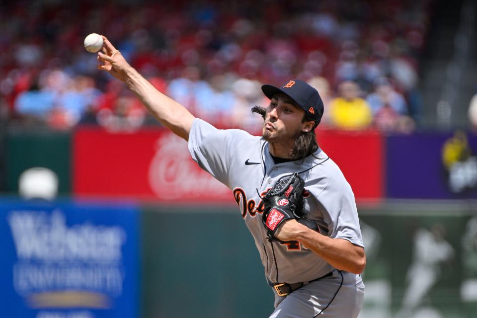 Detroit Tigers starting pitcher Alex Faedo (49) pitches against the St. Louis Cardinals during the first inning at Busch Stadium in St. Louis on Sunday, May 7, 2023.