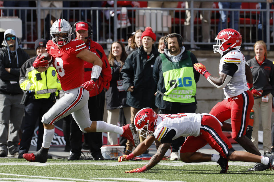 Ohio State tight end Cade Stover runs for a touchdown against Maryland during the second half of an NCAA college football game Saturday, Oct. 7, 2023, in Columbus, Ohio. (AP Photo/Jay LaPrete)