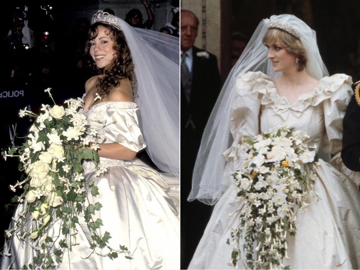 Mariah Carey at her 1993 wedding (left) and Princess Diana at her 1981 wedding (right).