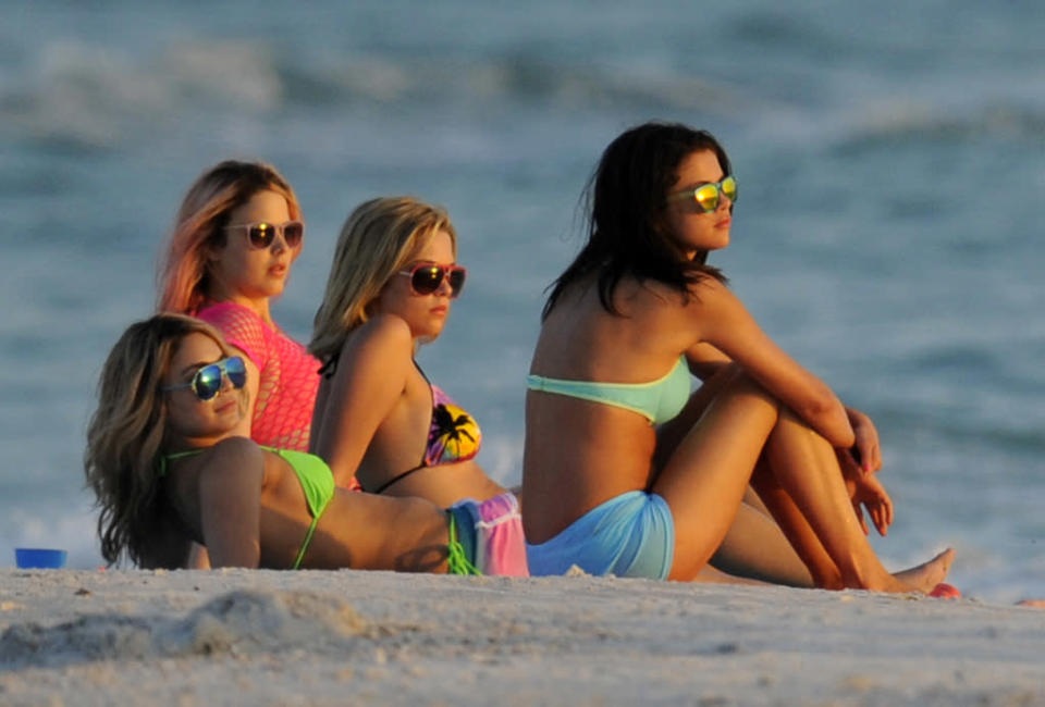 March 13, 2012: Rachel Korine, Ashley Benson, Vanessa Hudgens and Selena Gomez seen playing in the surf at the beach during the filming of "Spring Breakers" in St. Petersburg, Florida. Mandatory Credit: INFphoto.com Ref: infusmi-13