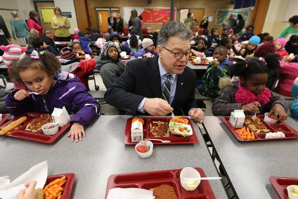 U.S. Sen. Al Franken (D-Minn.) spent his morning eating lunch with Meadow Lake Elementary School students, Monday, March 17, 2014 in New Hope, Minn. Franken announced his federal legislation to ensure that every student in Minnesota and across the country can receive school lunch each day. His legislation would allow Minnesota and other states to use the millions of dollars they spend to provide lunches on other educational needs. (AP Photo/The Star Tribune, Elizabeth Flores)