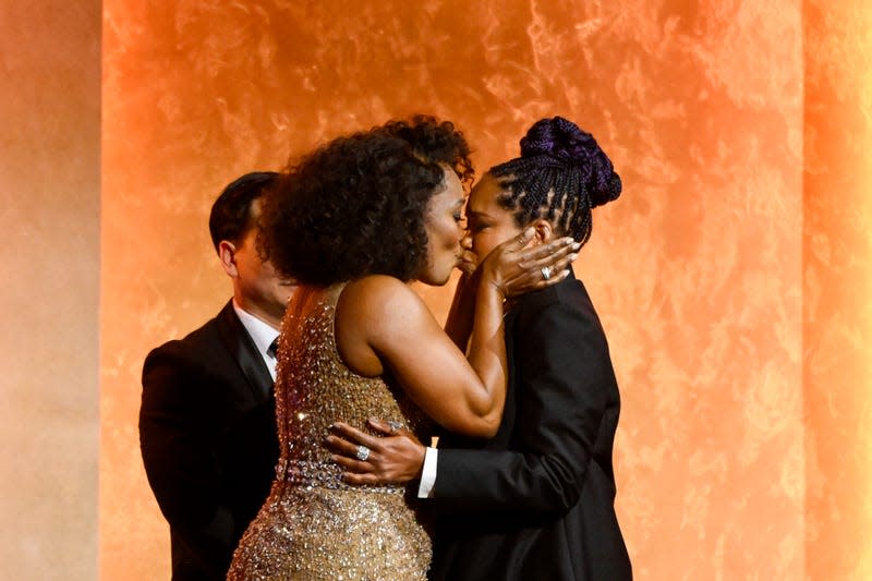 Angela Bassett and Regina King at the 14th Governors Awards held at The Ray Dolby Ballroom at Ovation Hollywood on January 9, 2024 in Los Angeles, California.