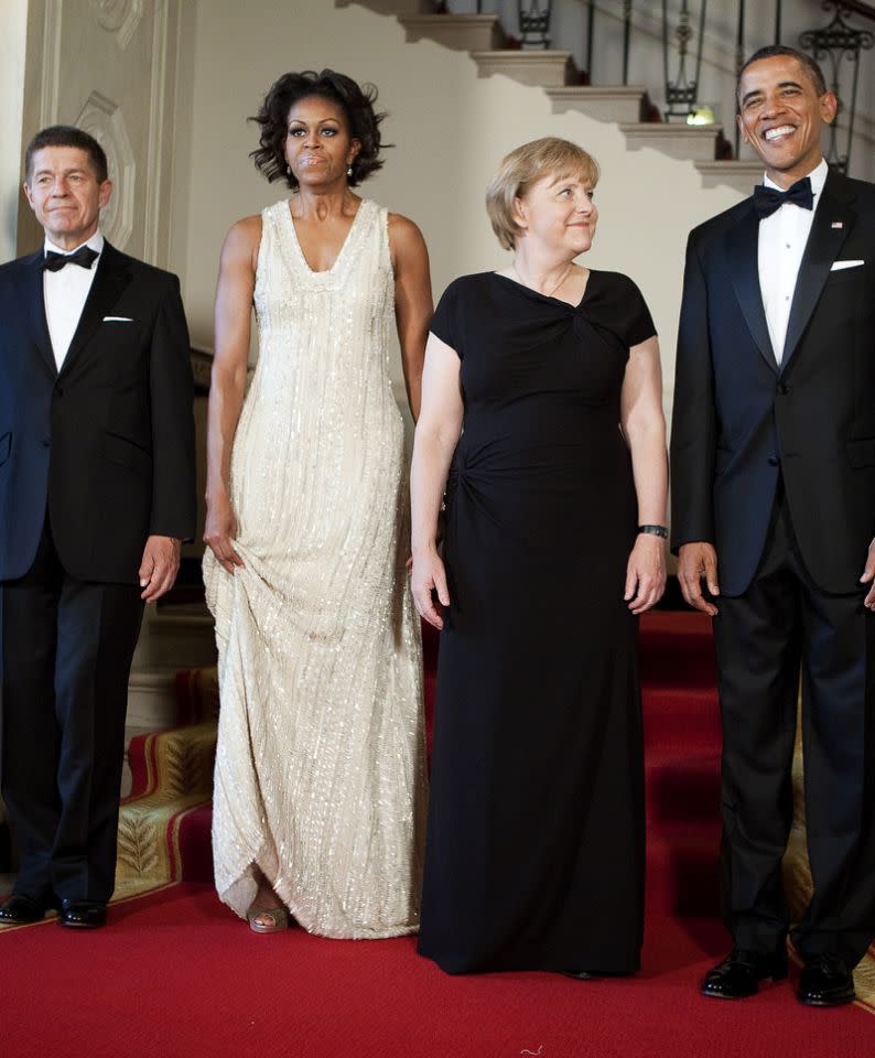 Michelle portait une tenue d'un de ses créateurs préférés, Naeem Khan, lors du dîner officiel allemand en 2011