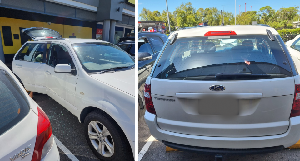 The car with the smashed window (left) and the back of the car with the dog seen through the rear window (right).