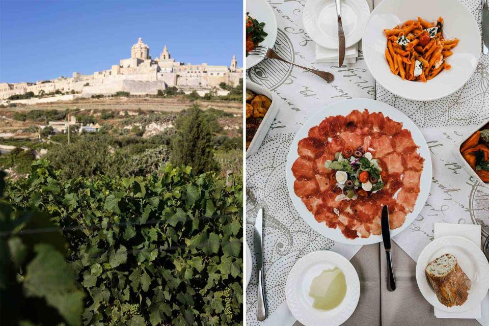 <p>Ritty Tacsum</p> From left: One of Delicata’s partner vineyards sits just outside the walled town of Mdina, Malta; beef carpaccio and pasta at Ta’Philip.