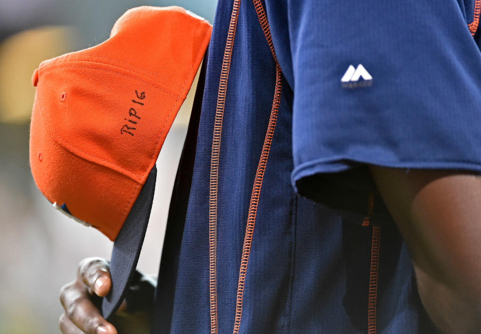 <p>Houston Astros relief pitcher David Paulino holds his cap with “RIP 16” written on it in honor of Miami Marlins’ Jose Fernandez, who was killed in a boating accident early Sunday morning in Miami Beach, before a baseball game against the Los Angeles Angels, Sunday, Sept. 25, 2016, in Houston. (AP Photo/Eric Christian Smith) </p>