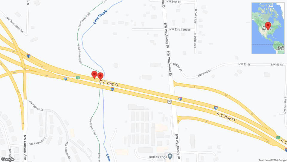 A detailed map that shows the affected road due to 'Broken down vehicle on northbound I-29 in Kansas City' on January 2nd at 12:42 p.m.