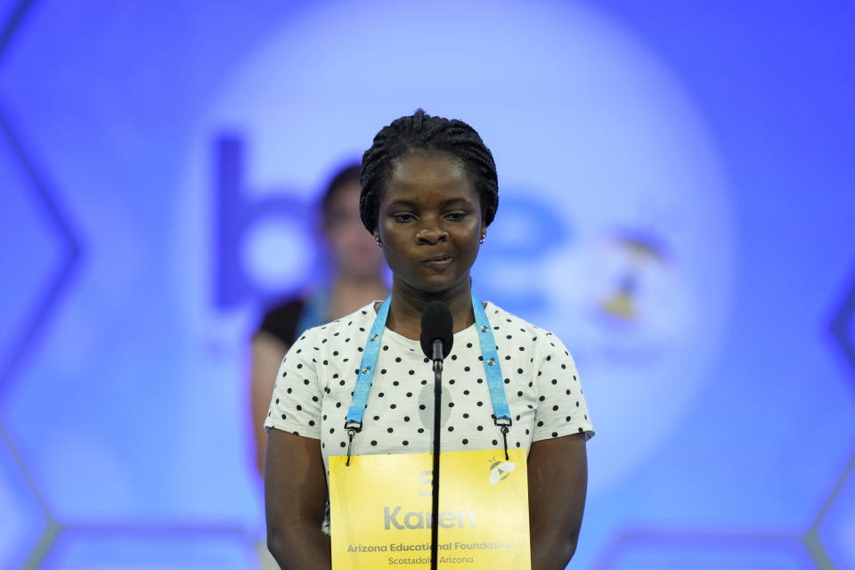 Karen Opoku-Appoh, 14, from Marana, Ariz., competes during the Scripps National Spelling Bee, Tuesday, May 30, 2023, in Oxon Hill, Md. (AP Photo/Alex Brandon)