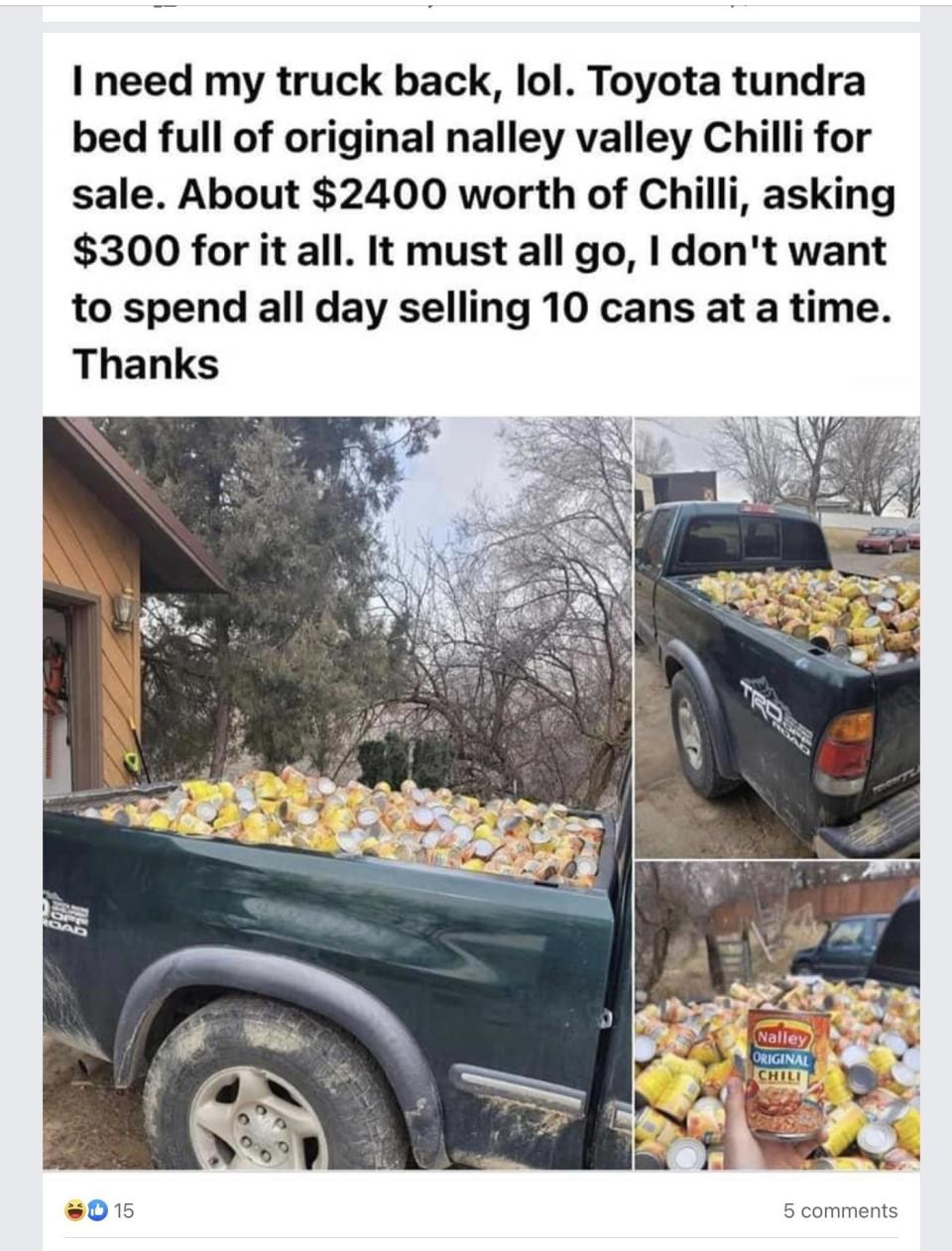 Image shows a pickup truck bed filled with numerous cans of Nalley Valley Chilli for sale. Text indicates a bulk sale offer to empty the truck