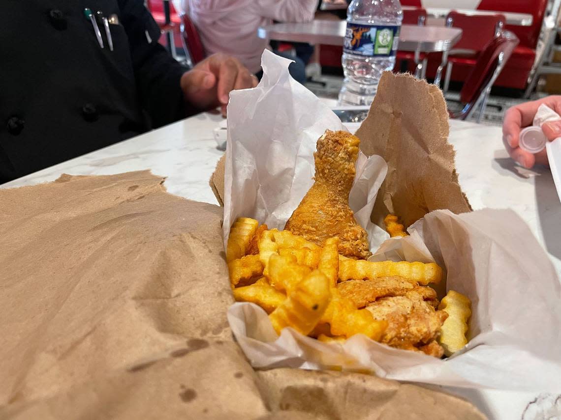 The “fried chicken bag” at Premier Cakes Diner at the NC Museum of History in downtown Raleigh comes with fries, fried chicken and a slice of bread.