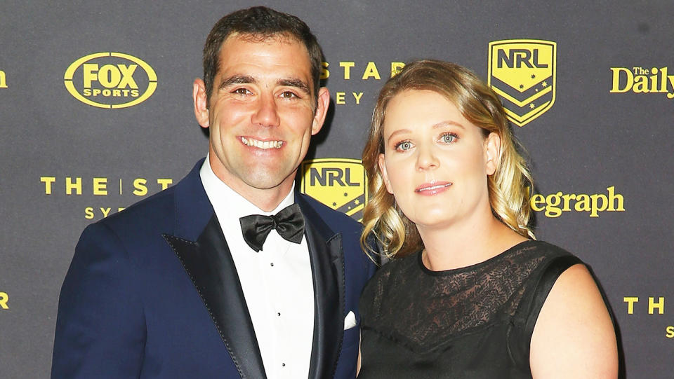 Cameron Smith and Barbara Smith smile for a photo at the 2015 Dally M Awards at Star City.