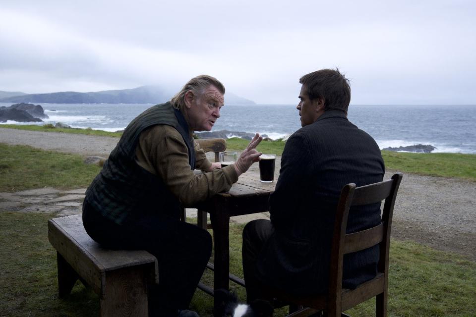 Colm (Brendan Gleeson, left) warns his former BFF Pádraic (Colin Farrell) to stay away from him in the dark comedy "The Banshees of Inisherin."