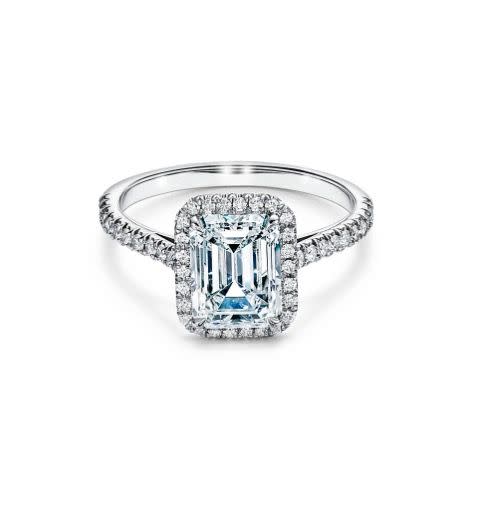 <p>Crave a bit of extra sparkle? Tiffany has surrounded this emerald-cut diamond with a halo of brilliants for added lustre. </p><p>Soleste Emerald-cut Halo engagement ring in a platinum band, price on request, Tiffany & Co</p><p><a class="link " href="https://www.tiffany.co.uk/engagement/engagement-rings/tiffany-soleste-emerald-cut-halo-engagement-ring-with-a-diamond-platinum-band-GRP10868/" rel="nofollow noopener" target="_blank" data-ylk="slk:SHOP NOW;elm:context_link;itc:0;sec:content-canvas">SHOP NOW</a></p>