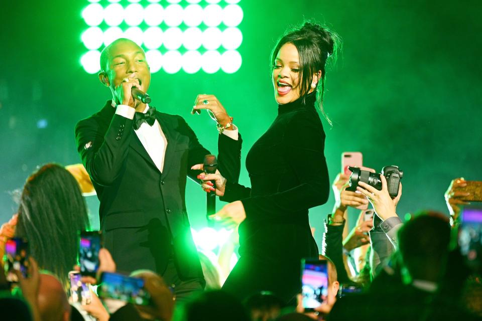 Pharrell Williams and Rihanna light up the stage during their performance at her annual Diamond Ball, benefitting the Clara Lionel Foundation, at Cipriani Wall Street on Thursday in New York City. 