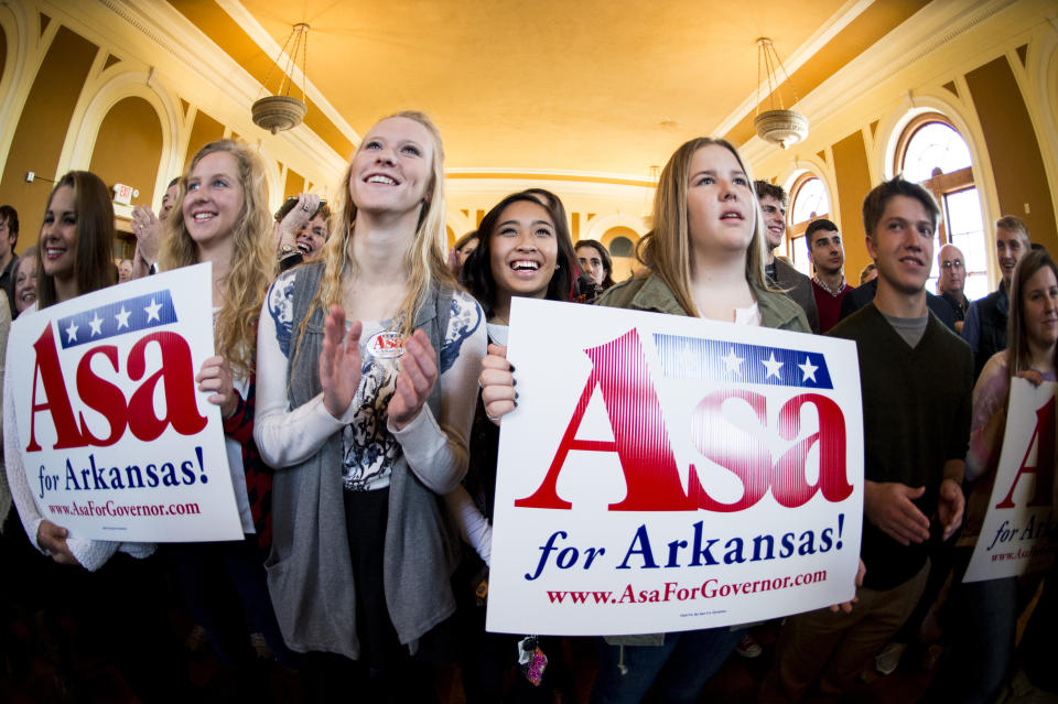 UNITED STATES - OCTOBER 31: Students listen as Arkansas Gubernatorial candidate Asa Hutchinson speaks during the Republican campaign rally at Sues Kitchen in Jonesboro, Ark., on Friday, Oct. 31, 2014. (Photo By Bill Clark/CQ Roll Call)