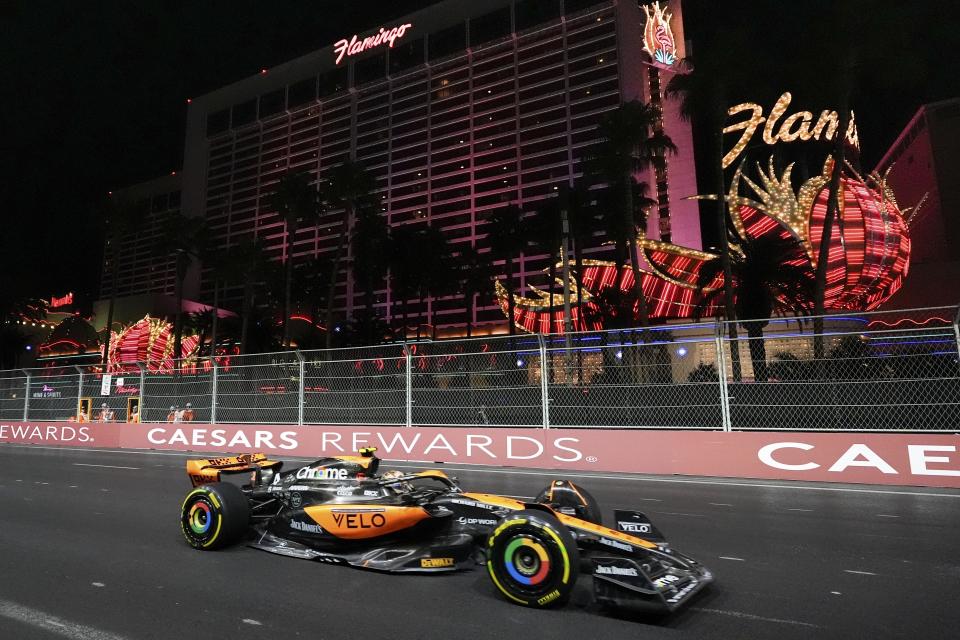 McLaren driver Lando Norris, of Britain, takes part in the final practice session for the Formula One Las Vegas Grand Prix auto race, Friday, Nov. 17, 2023, in Las Vegas. (AP Photo/Nick Didlick)