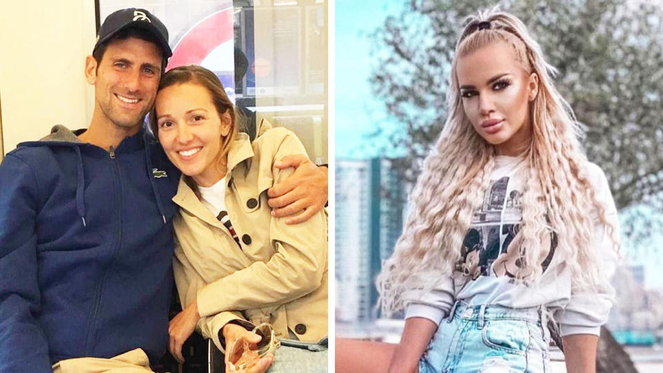Serbian model Natalija Scekic (pictured right) posing and World No.1 Novak Djokovic (pictured left with his wife) posing for a photo on the London Underground.