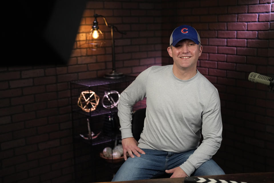 Joe Seales, owner of Right Side Broadcasting Network, sits for a portrait in a studio in Opelika, Ala., on Saturday, March 2, 2024. (AP Photo/Mike Stewart)