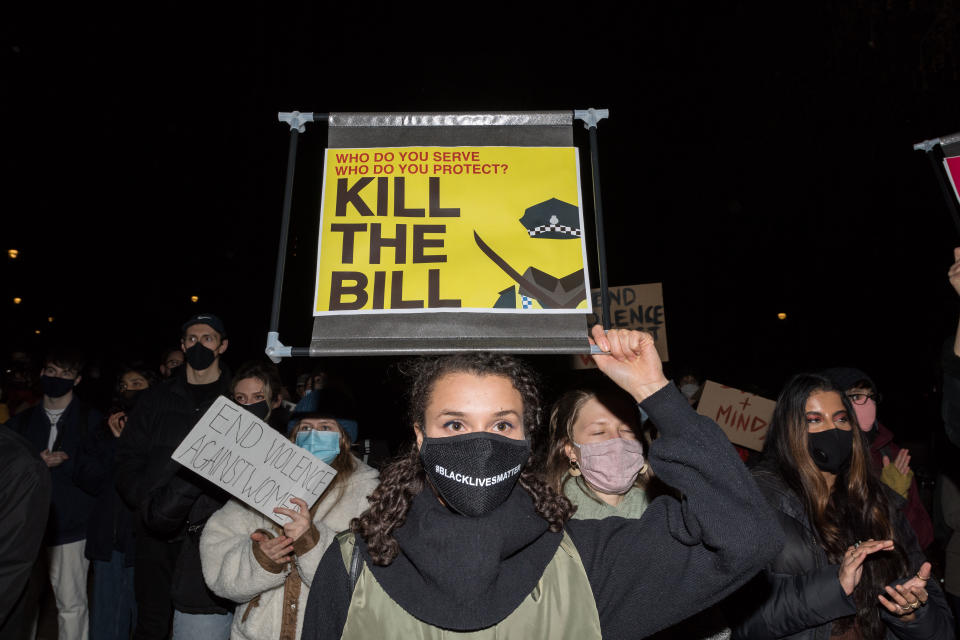 LONDON, UNITED KINGDOM - MARCH 16, 2021: Protesters demonstrate in Parliament Square against the passage of a new policing bill in the House of Commons, which would give police new powers to restrict protests and impose tough sentences for breaking the rules, and to highlight the issue of violence against women, on 16 March, 2021 in London, England. The recent protests were sparked by the Met Polices heavily criticised handling of a vigil held in memory of murdered Sarah Everard in Clapham Common at the weekend amid an ongoing debate on women's safety in public spaces. (Photo credit should read Wiktor Szymanowicz/Barcroft Media via Getty Images)