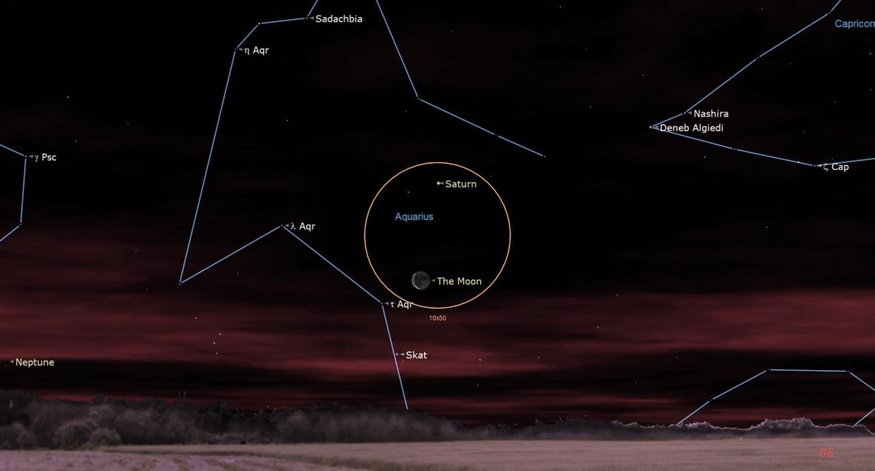  An illustration of the night sky on the morning April 16 showing the moon and Saturn in close proximity. 