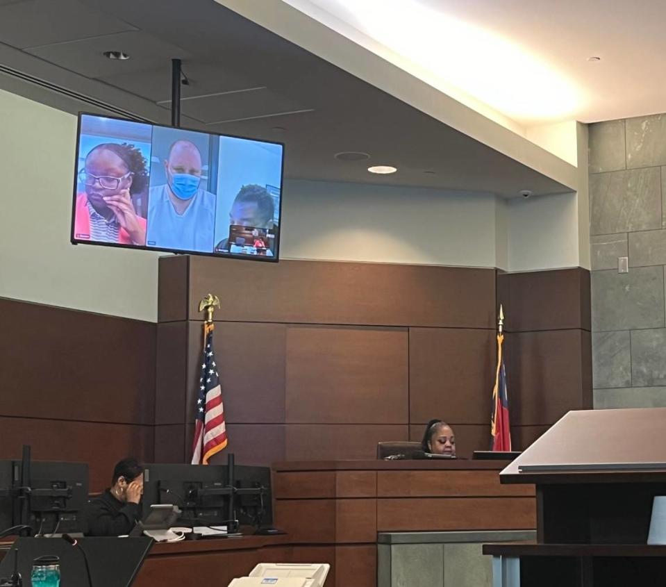 Brandon Eno, 32, makes his first appearance in district court in Durham, N.C. on Monday, May 13, 2024. He is charged with two counts of first-degree murder.