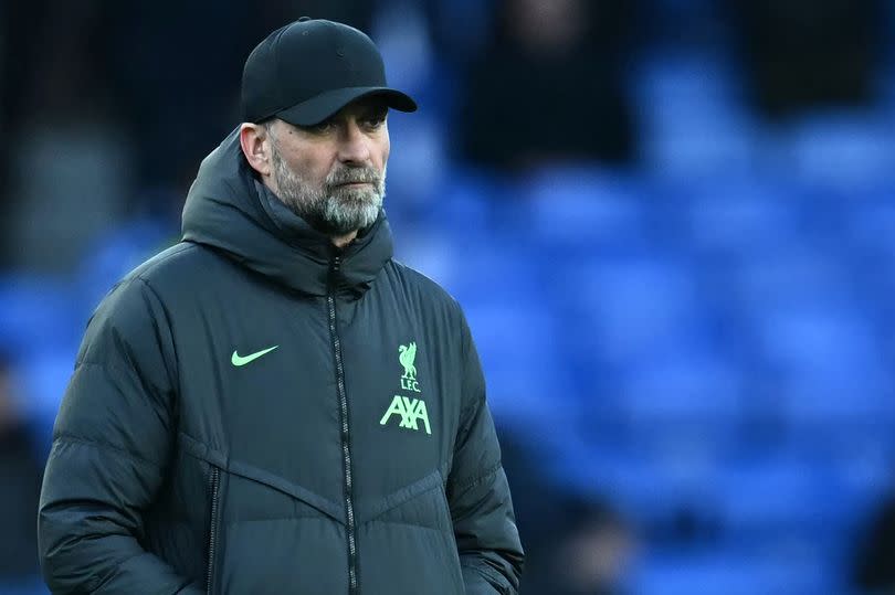 Jurgen Klopp reacts ahead of the English Premier League football match between <a class="link " href="https://sports.yahoo.com/soccer/teams/everton/" data-i13n="sec:content-canvas;subsec:anchor_text;elm:context_link" data-ylk="slk:Everton;sec:content-canvas;subsec:anchor_text;elm:context_link;itc:0">Everton</a> and <a class="link " href="https://sports.yahoo.com/soccer/teams/liverpool/" data-i13n="sec:content-canvas;subsec:anchor_text;elm:context_link" data-ylk="slk:Liverpool;sec:content-canvas;subsec:anchor_text;elm:context_link;itc:0">Liverpool</a> at Goodison Park in Liverpool, north west England on April 24, 2024 -Credit:PAUL ELLIS/AFP via Getty Images