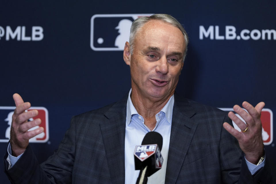 Major League Baseball Commissioner Rob Manfred speaks at a press conference following an owners meeting, Thursday, May 23, 2024, in New York. (AP Photo/Julia Nikhinson)