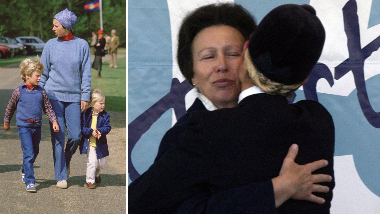  L-Princess Anne with her two young children, R- Princess Anne hugging Zara Tindall. 