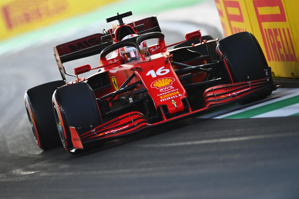 Charles Leclerc of Monaco driving the (16) Scuderia Ferrari SF21 during practice (Getty)