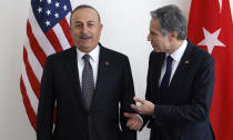 U.S. Secretary of State Antony Blinken meets with Turkish Foreign Minister Mevlut Cavusoglu at the United Nations Wednesday, May 18, 2022. (Eduardo Munoz/Pool via AP)