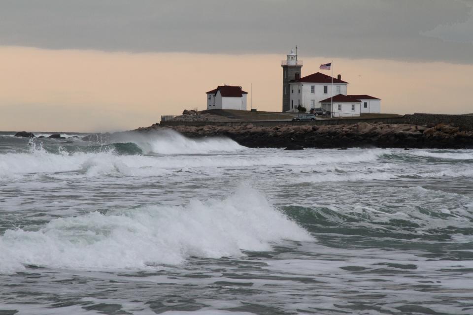 The Watch Hill Lighthouse is a standout against the sky.