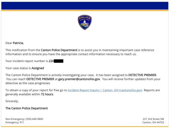 This is a screenshot of an actual Spidr Tech message sent to an individual who reported an incident to Canton police. Canton began using the Spidr Tech program on Thursday.
